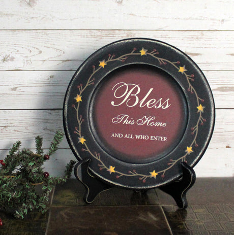 CVHOMEDECO. Primitives Vintage Bless This Home Wood Decorative Plate Retro Display Wooden Plate Home Décor Art, 9-3/4 Inch CVHOMEDECO.