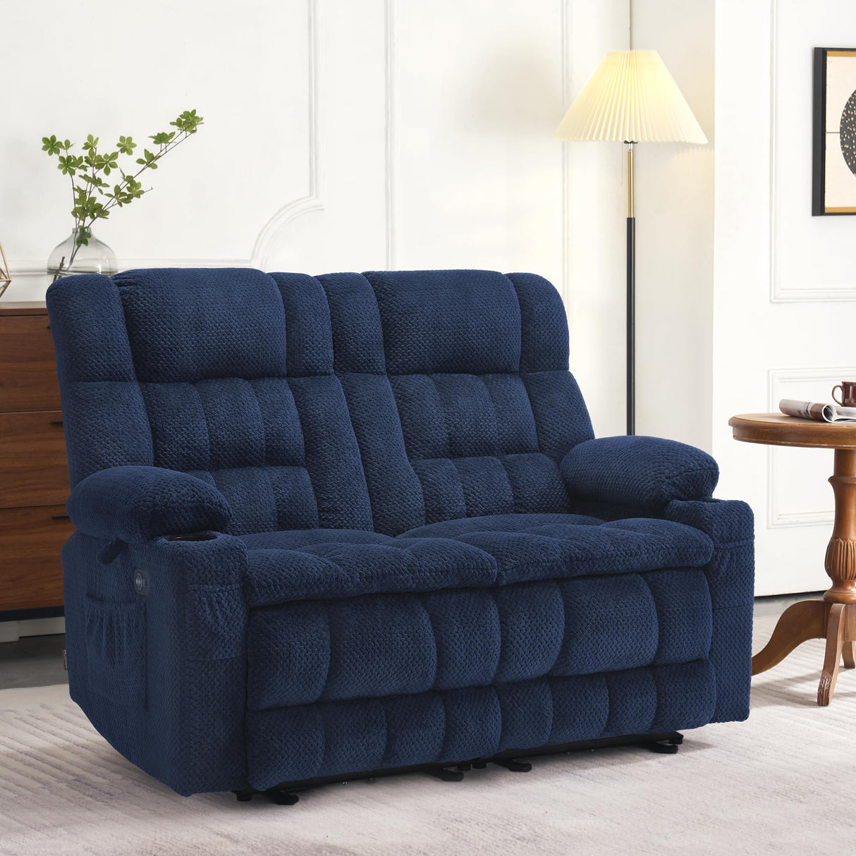 MCombo 57" Power Loveseat Recliner, Electric Reclining Loveseat Sofa with Heat and Vibration, Cupholders, USB Charge Ports for Living Room RS6314 (Navy Blue) MCombo
