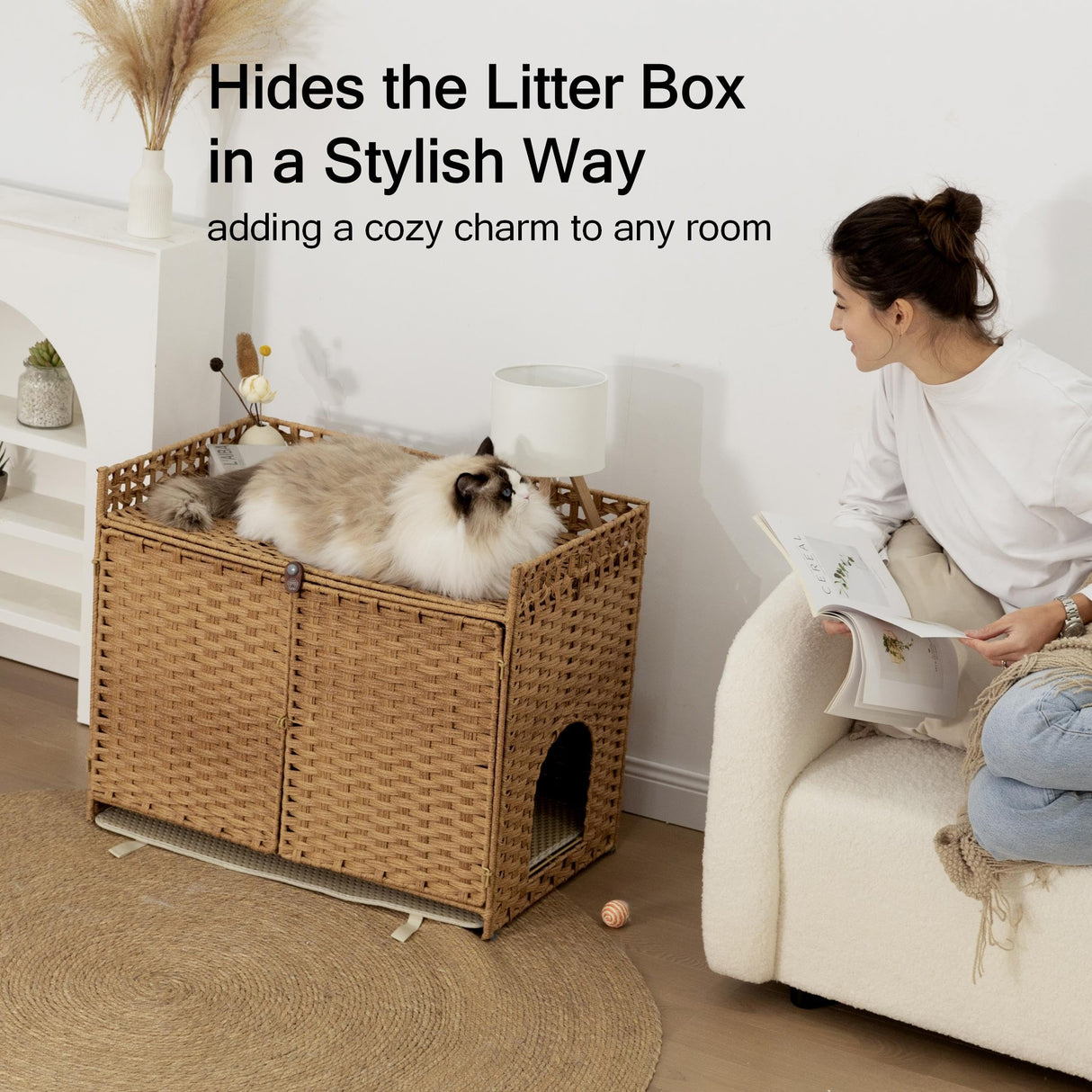 Cat Litter Box Enclosure and Hall Table, Handwoven Rattan Cat Litter Box Hider Furniture with 2 Litter Mats, Three-Sided Fenced Top, Large 30.3”L x 18.2”W x 24.2”H, Ombre Wheat Furriends