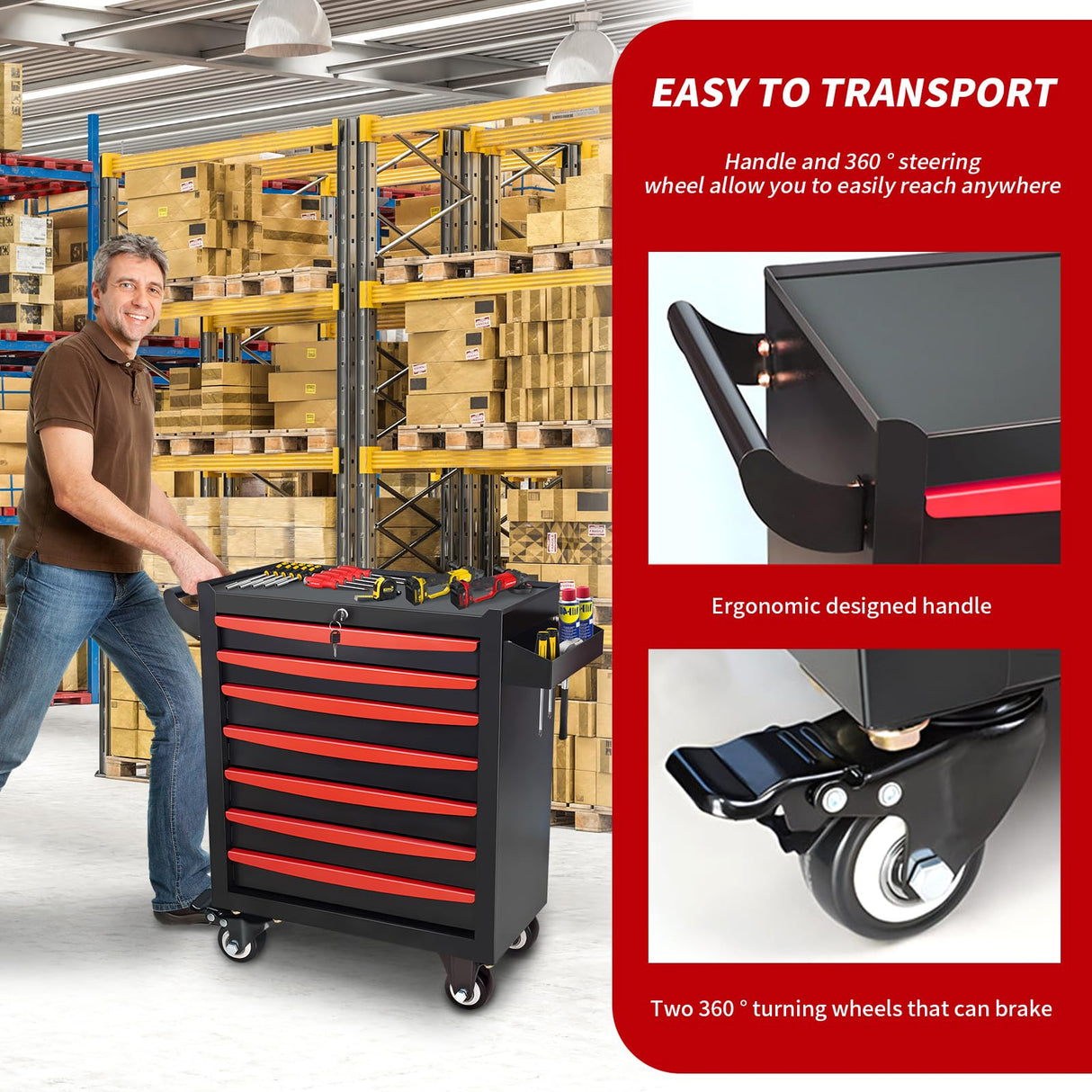 Barphygo 7-Drawer Rolling Tool Chest, Metal Tool Box with Wheels & Lock Garage Storage Cabinets Tool Cart Toolbox Organization Workbench for Workshop, Warehouse & Repair Shop Barphygo