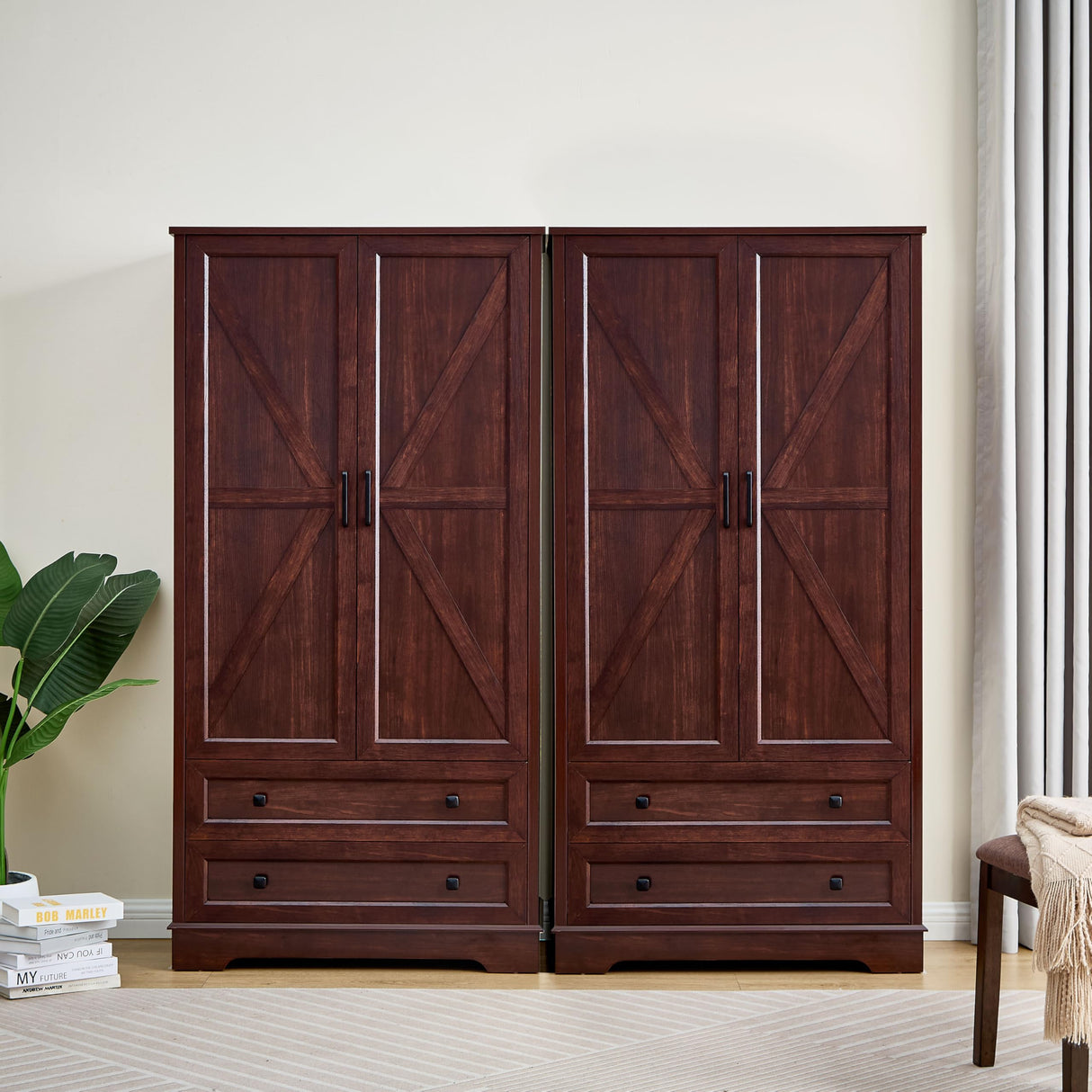 SOOWERY Cherry Wood Dresser for Bedroom, 2 Drawers Farmhouse Wood Wardrobe with Multiple Storage, 71 Inches Tall Armoire for Bedroom, Living Room, Hallway SOOWERY