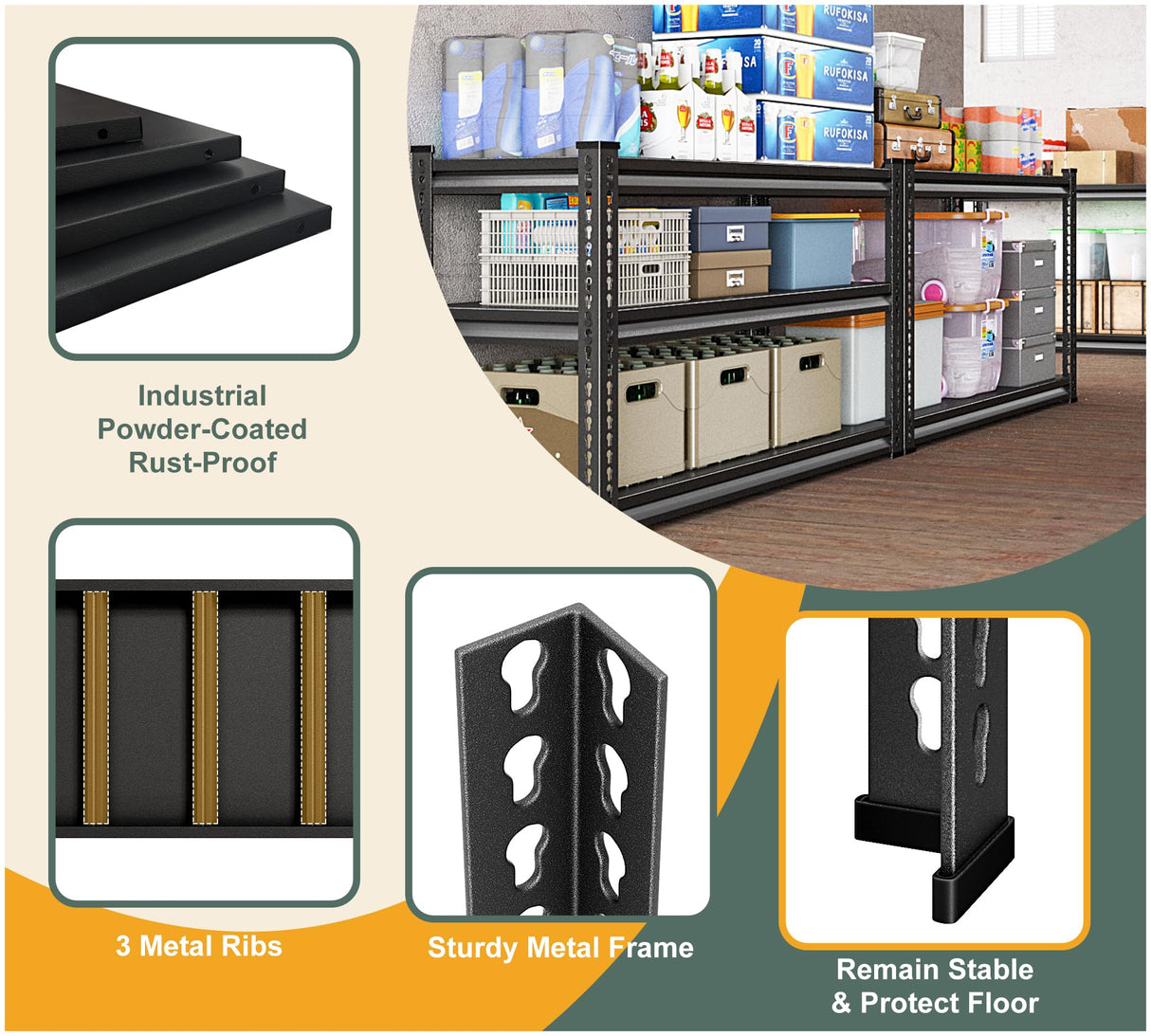 Rufokisa 3-Tier Heavy Duty Garage Shelving, 36" Metal Shelving Unit, 1320 lbs Load Capacity, Industrial Style, 40"W x 18"D x 36"H Rufokisa