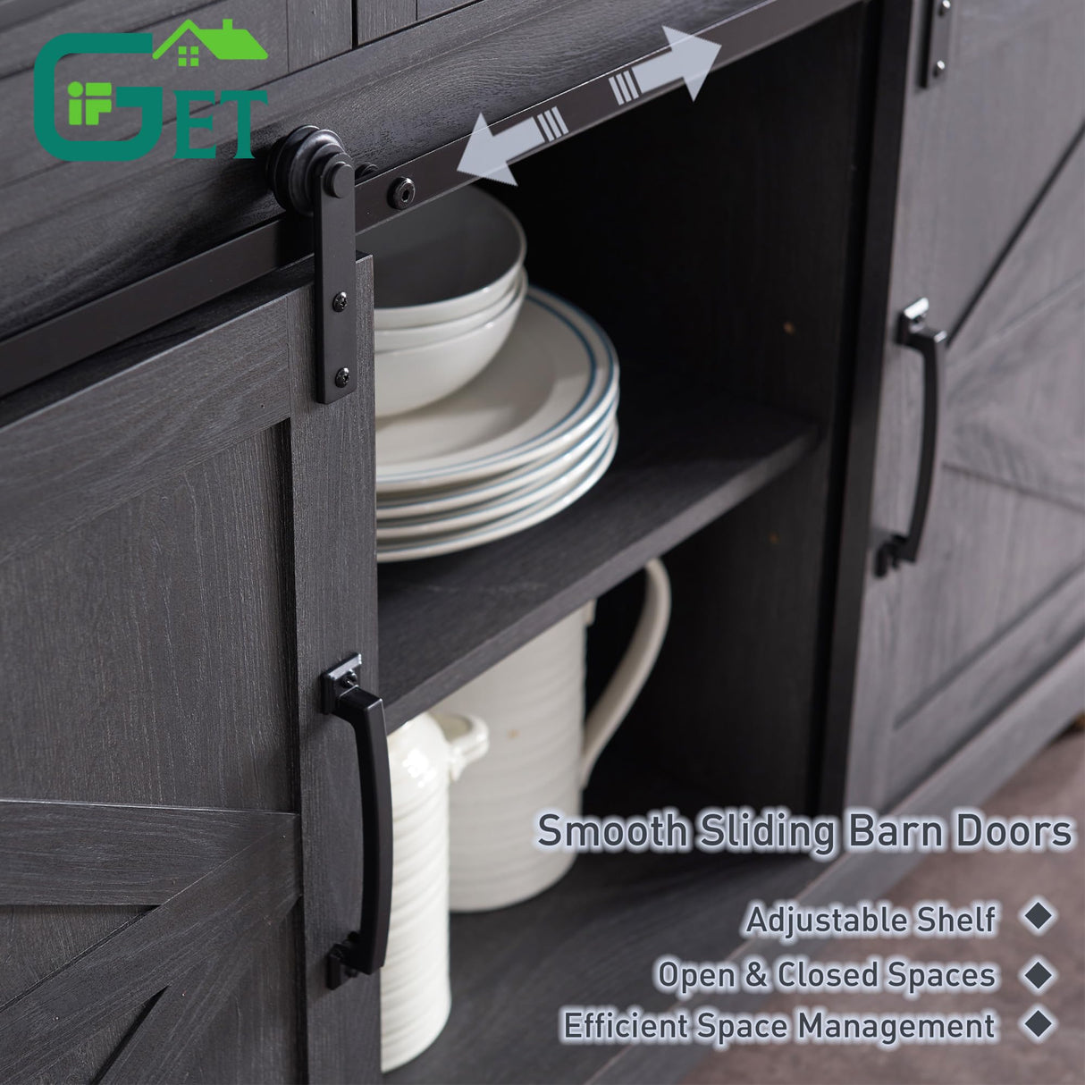 IFGET Farmhouse Buffet Cabinet, 53” Sideboard Cabinet w/3 Drawer, Rustic Storage Cabinets w/Sliding Barn Door, Coffee Bar for Dinning Room, Kitchen, Hallway, and Living Room-Dark Grey IFGET