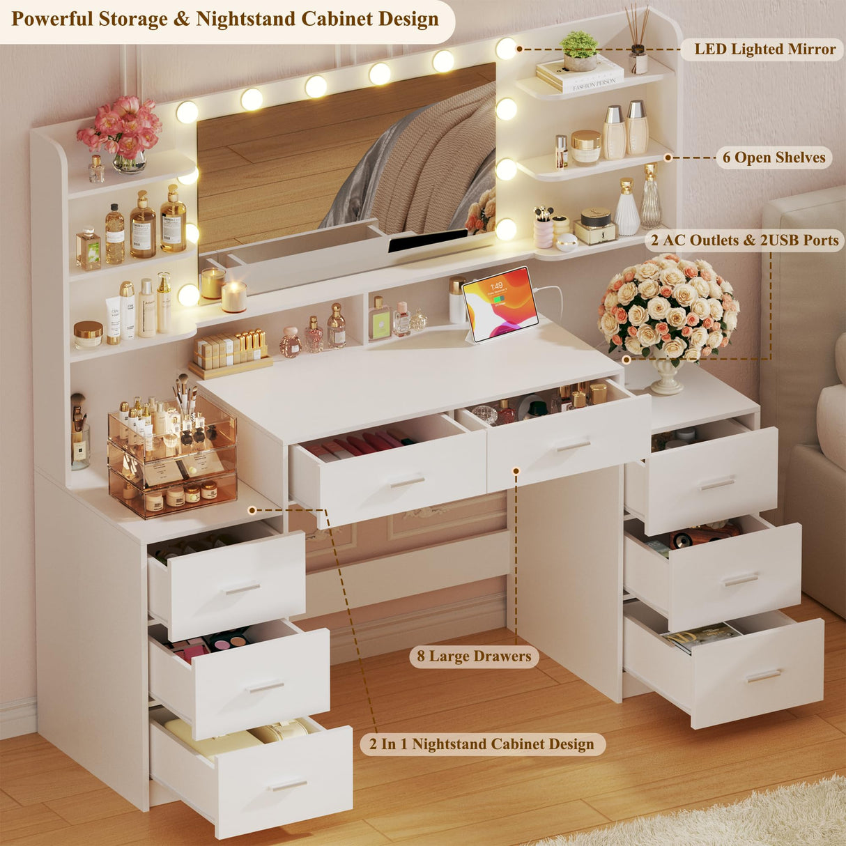 HUAHUU Large Vanity Desk with Mirror & Lights, White Makeup Vanity with 8 Drawers & 6 Storage Shelves, Vanity Set with LED Lights and Power Outlet, 3 Lighting Modes, Adjustable Brightness HUAHUU