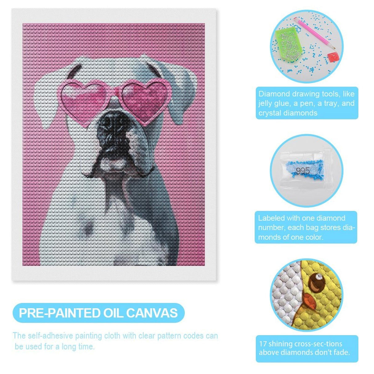 DuduYH White Boxer Dog Wearing Sunglasses Diamond Drawing Art Kit for Adults DIY Diamond Art Painting Full Drill Round Gem Art for Crafts Wall Decor 12"x16" DuduYH