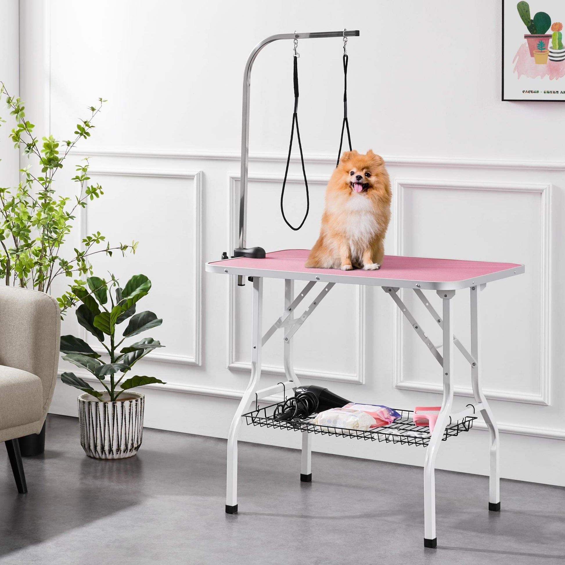 Yaheetech 36'' Dog Grooming Table, Adjustable Pet Foldable Grooming Table w/Double Loops/Mesh Tray Maximum Capacity Up to 220lbs, Pink - WoodArtSupply