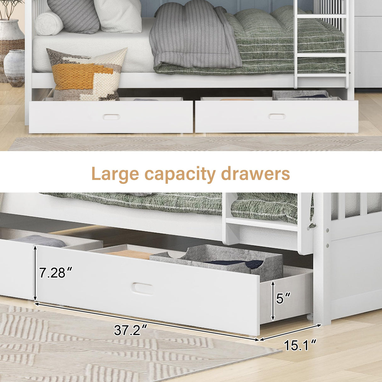 Merax White Convertible Solid Wood Bunk Bed with Ladders and Storage Drawers - Full Over Full Merax