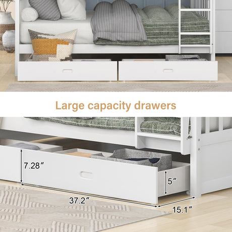 Merax White Convertible Solid Wood Bunk Bed with Ladders and Storage Drawers - Full Over Full Merax