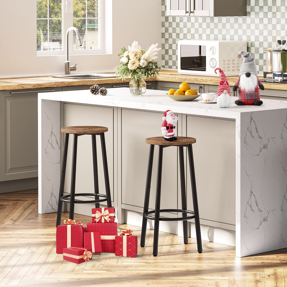 HOOBRO Bar Stools, Set of 2 Bar Chairs, Kitchen Round Height Stools with Footrest, Breakfast Bar Stools, Sturdy Steel Frame, for Dining Room, Kitchen, Party, Easy Assembly, Rustic Brown BF03BY01 HOOBRO