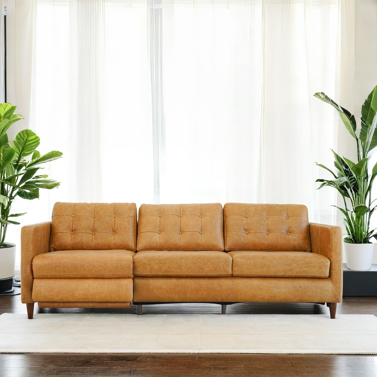 Ashcroft Furniture Co Brown Leather Reclining Couch Sofa - Mid Century Modern Button Tufted Left Facing Power Recliner Couches for Living Room, Apartment, Loft, and Office, Ludwig Ashcroft Furniture Co