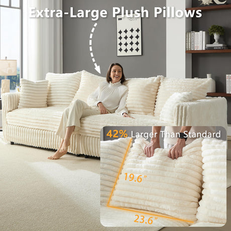 Tabaray 102.4" Oversized Cloud Couch, Convertible 4 Deep Seat Foam Sofa Couch, 2 in 1 Plush Corduroy Sofa with 6 Soft Pillows, Modern Modular Sectional Couches for Living Room, Apartment, Beige Tabaray