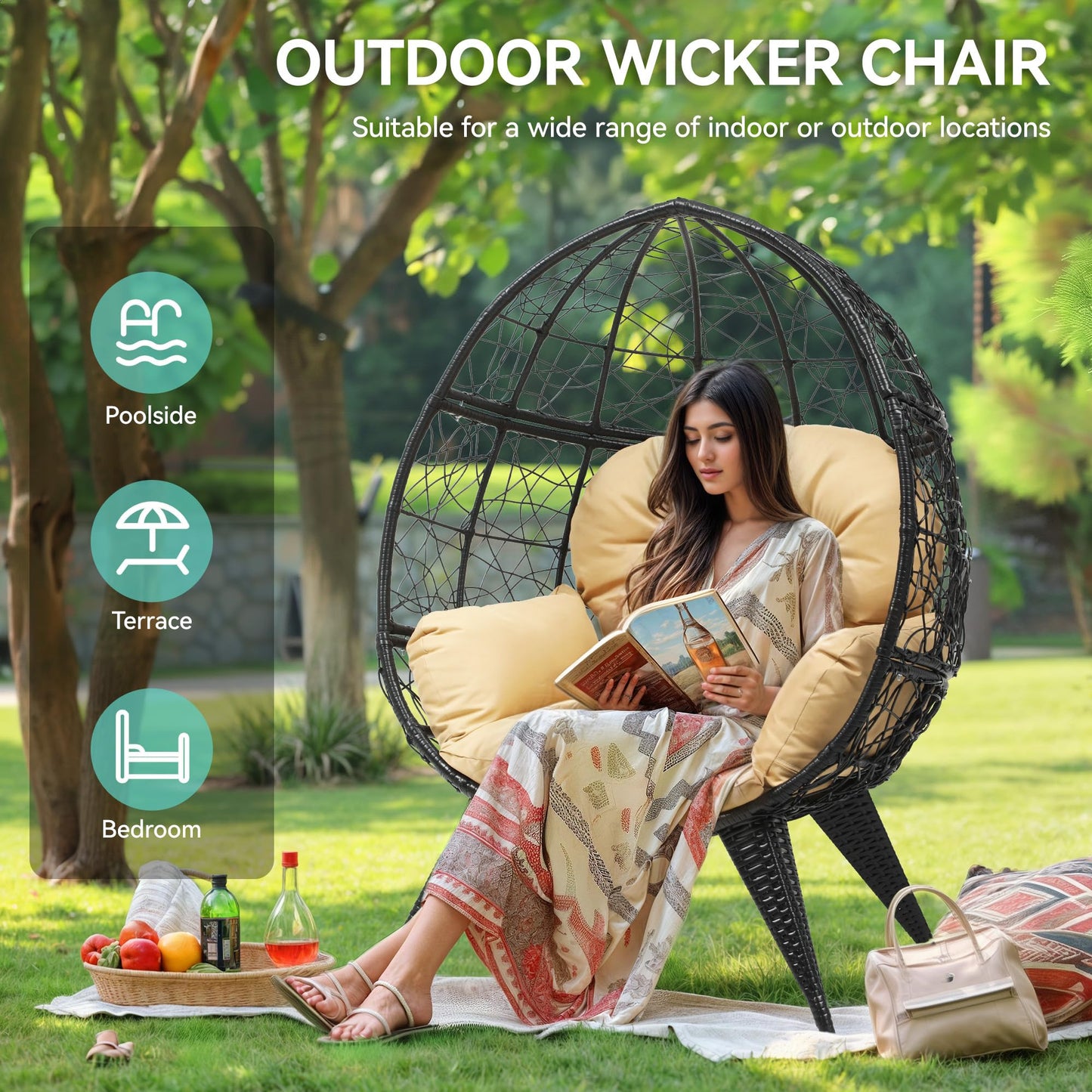 YITAHOME Oversized Wicker Egg Chair for Indoor and Outdoor Use with Stand, Cushion, and Leveling Feet, Large Lounger for Patio, Garden, Backyard, Balcony, Supports up to 330lbs, Beige