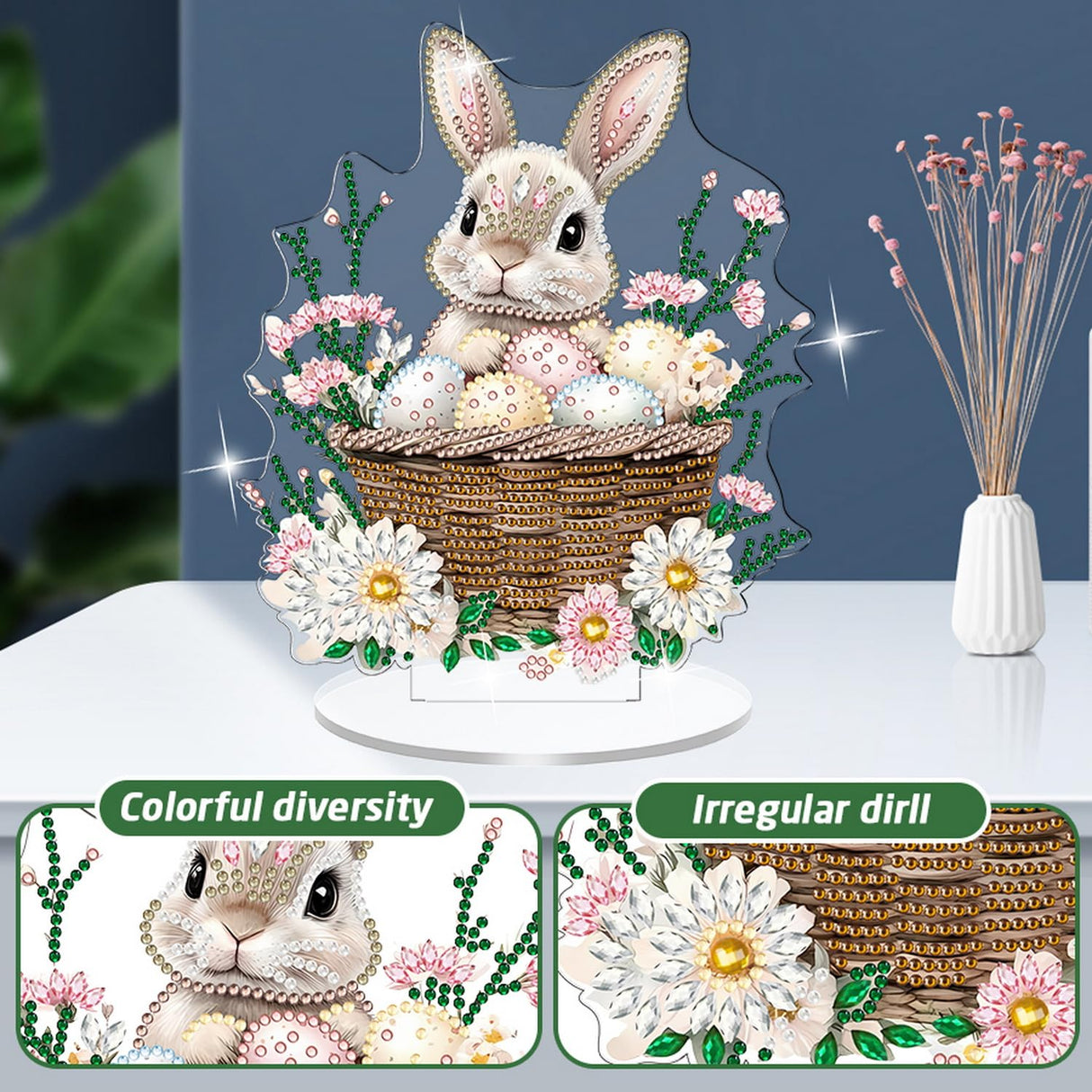 1 Pcs DIY Easter Egg Bunny Tabletop Diamond Art Painting Kits Double Sided Acrylic Diamond Painting Tabletop Flower Easter Table Top Ornament Kits for Spring Holiday Themed Party Decor Accessories NSSHEL