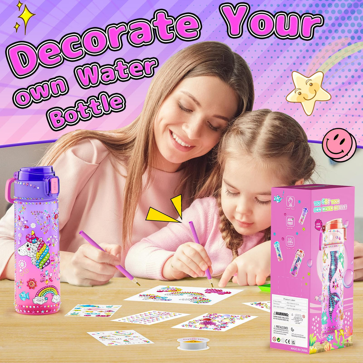 Decorate Your Own Water Bottle Kits for Girls Age 4-12, Unicorn Toys for Girls Age 4-6 Painting Crafts Kit, Clay Beads Bracelet Making Kit, Birthday Gifts Toys for Ages 6-12 (Unicorn) BOOH