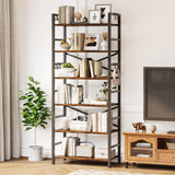 6 Tier Bookshelf, Industrial Bookcase with 8 Hooks, Vintage Storage Rack with Open Shelves, Rustic Standing Bookshelves Metal Frame Display Rack for Living Room, Bedroom, Rustic Brown Homeiju