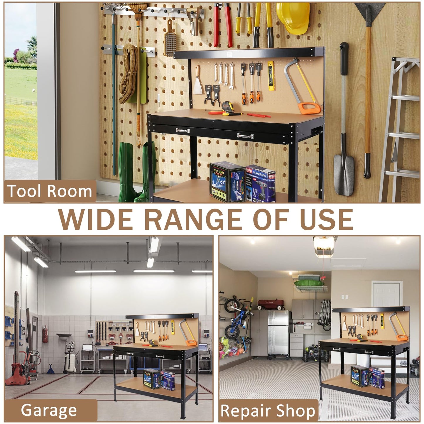 SPOWAY 63'' Garage Workbench, 300 Lbs Load Capacity Heavy Duty Work Bench, Workbench with Pegboard Drawer Backplate Metal Frame Wood Top Workbench for Workshop Office Home Garage - WoodArtSupply