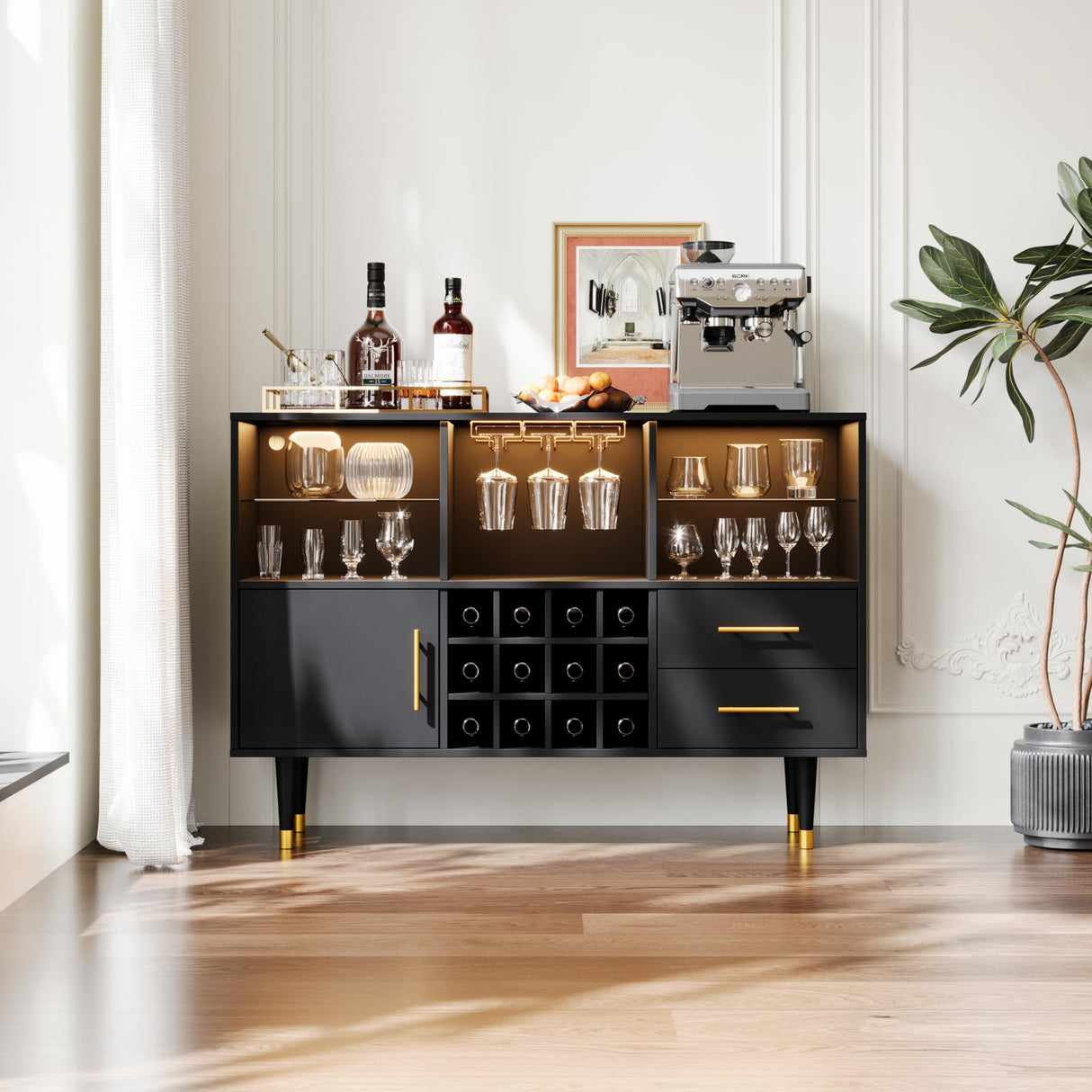 Bar Cabinet and Bar Table - LED Light Charging Station, Buffet Cabinet with Storage, Sideboard Cabinet, Coffee Bar - Ideal for Buffets & Sideboards, Wine and Liquor Cabinet 47 inch Black Svimi