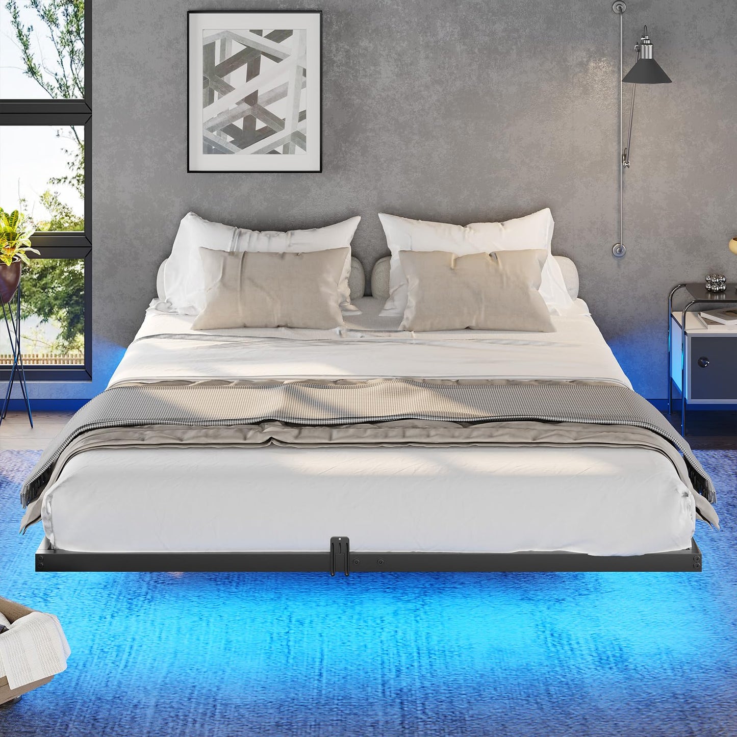 DICTAC Floating Full Bed Frame with LED Lights - Modern Metal Platform Design in Black - WoodArtSupply