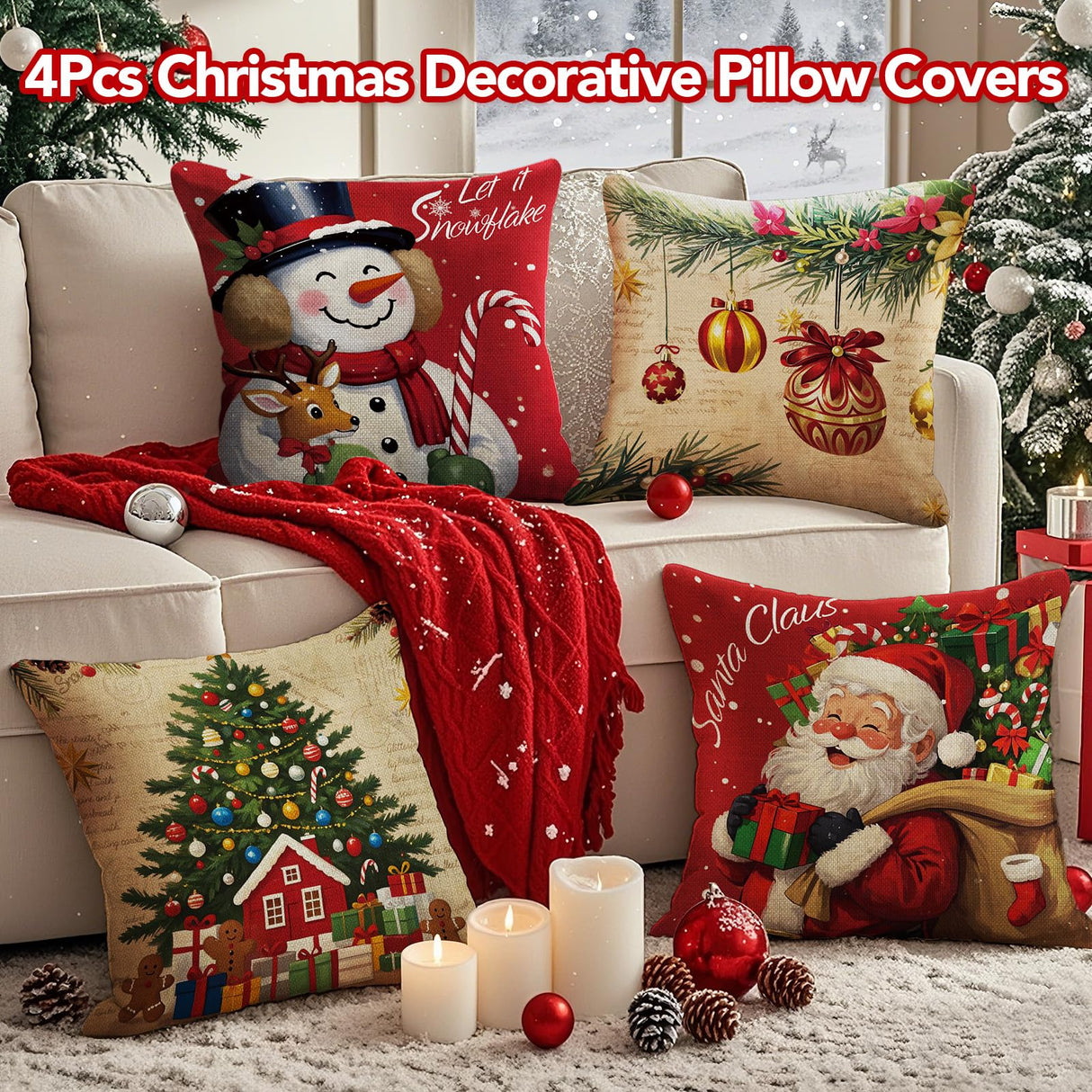 UPOFFICIS Christmas Pillow Covers 18x18 inch Set of 4, Christmas Decorations Cushion Covers, Xmas Pillow Covers, Pillowcases Throw Pillow Covers for Sofa Couch Home Decor UPOFFICIS