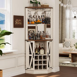 Royal Windsor Farmhouse Corner Bar Cabinet,Modern Wood Freestanding Wine Bar with Storage and Wine Holder, Tall Hutch Cabinet for Home, Display Bar Cabinet with LED Lights and Mirror, White Royal Windsor