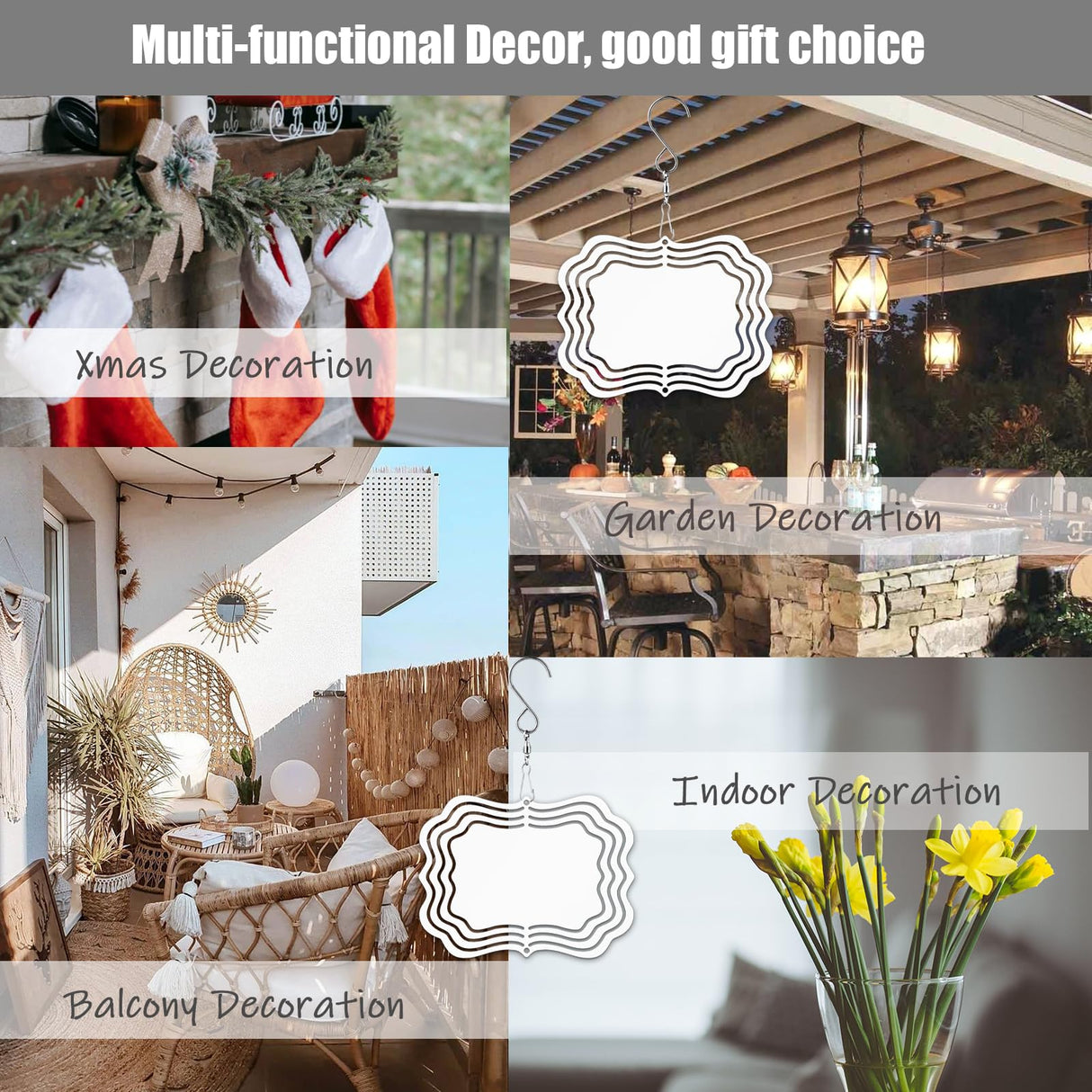 WindMage 12 Pack 4inch Sublimation Wind Spinner Blanks 3D Aluminum Metal Wind Sculpture Kinetic Spinners for Yard Garden Indoor Art Sublimation Christmas Ornament Hanging Decoration (Photo Frame) WindMage