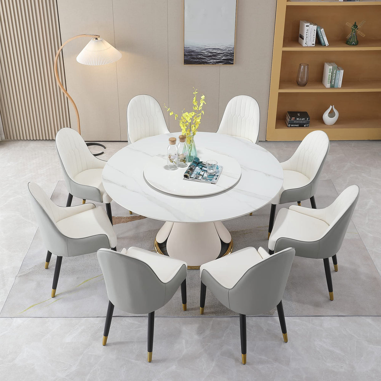 Montary 9 Piece Dining Table Set, Modern Dining Table Set of 8, White 59" D Sintered Stone Round Table, Faux Marble Dining Room Table with 8 Gray Dining Chairs Montary