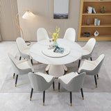 Montary 9 Piece Dining Table Set, Modern Dining Table Set of 8, White 59" D Sintered Stone Round Table, Faux Marble Dining Room Table with 8 Gray Dining Chairs Montary