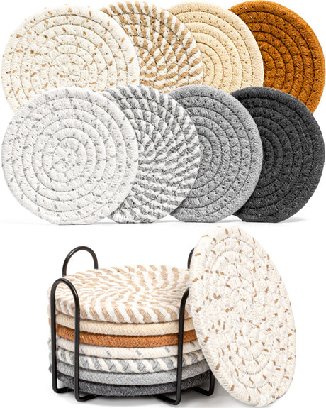 Effectyou 8 Pcs Drink Coasters with Holder, 8 Colors Absorbent Coasters for Drinks Minimalist Cup Coasters Cotton Coaster Set Woven Coasters for Coffee Table Home Decor Bar Housewarming Gift, 4.3 Inch Effectyou