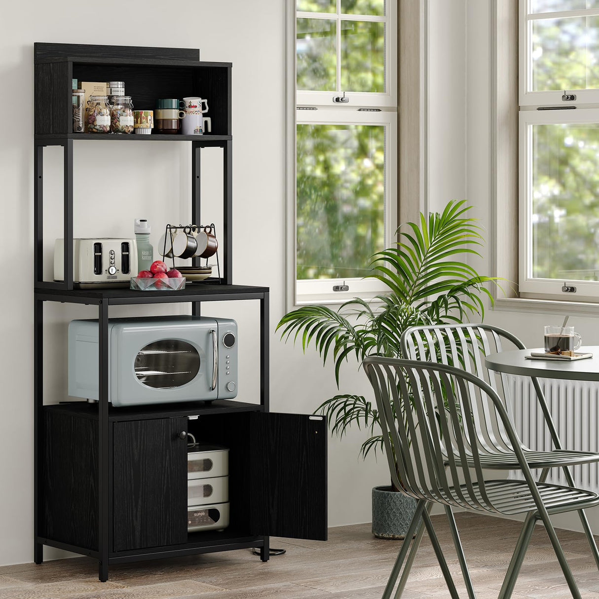 Furniouse 5-Tier Kitchen Bakers Rack with Power Outlet, Industrial Microwave Oven Stand with Storage, Kitchen Storage Shelf with Cabinet, Coffee cart, Standing Kitchen Storage Rack (Black) Furniouse