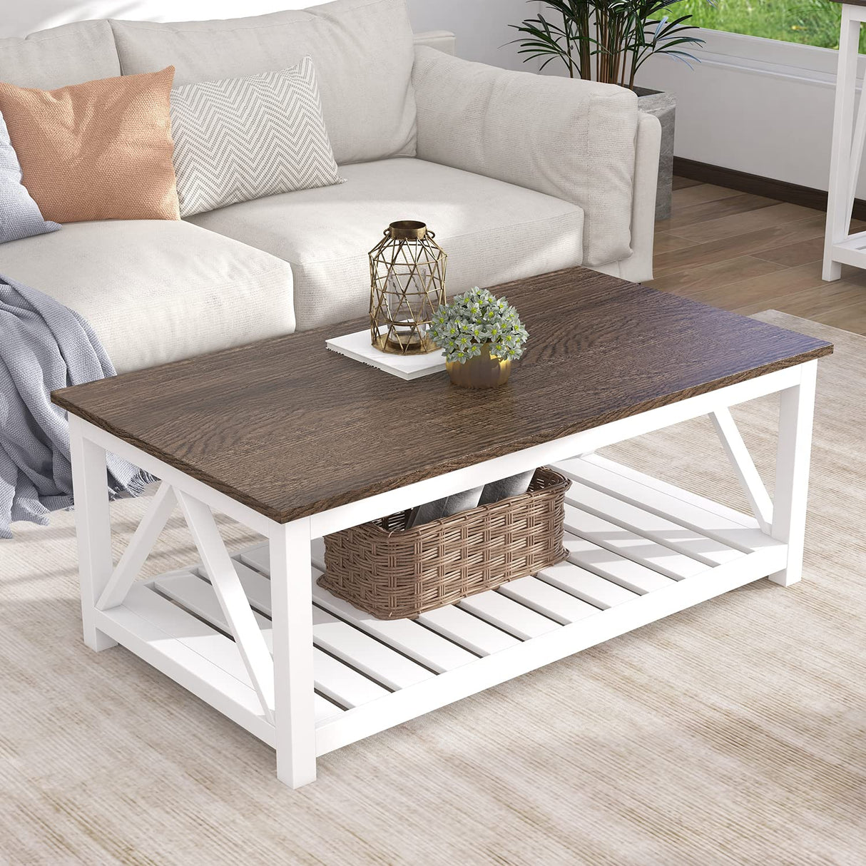 ChooChoo Farmhouse Coffee Table, Rustic Vintage Living Room Table with Shelf, 40 White ChooChoo