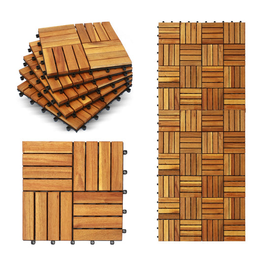 CLOVERHOLM Interlocking Deck Tiles-10PCS Waterproof Acacia Wood Patio Tiles, Easy Snap Flooring Tiles for Indoor and Outdoor,Balcony, Entry, Poolside Tiles, 12”x12”, 10sq.ft per Box, Natural