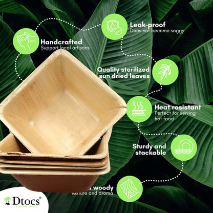 Dtocs 5 Inch Square Palm Leaf Bowls Set (50) | 15 Oz Bamboo Bowls Disposable Like Sturdy, Leak Proof Compostable Bowls | Serving Bowls for Fruit, Cereal, Soup | Alternate to Plastic, Wooden Bowls