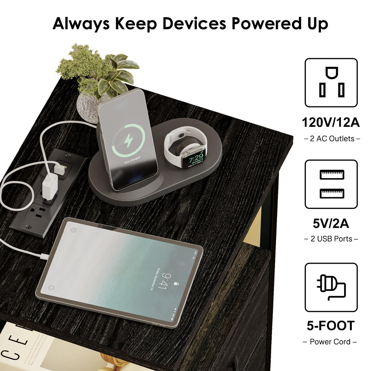 Fixwal Night Stand with Charging Station, LED Nightstand with Fabric Drawers, End Table with PU Finish, Bed Side Table, Black Oak Fixwal