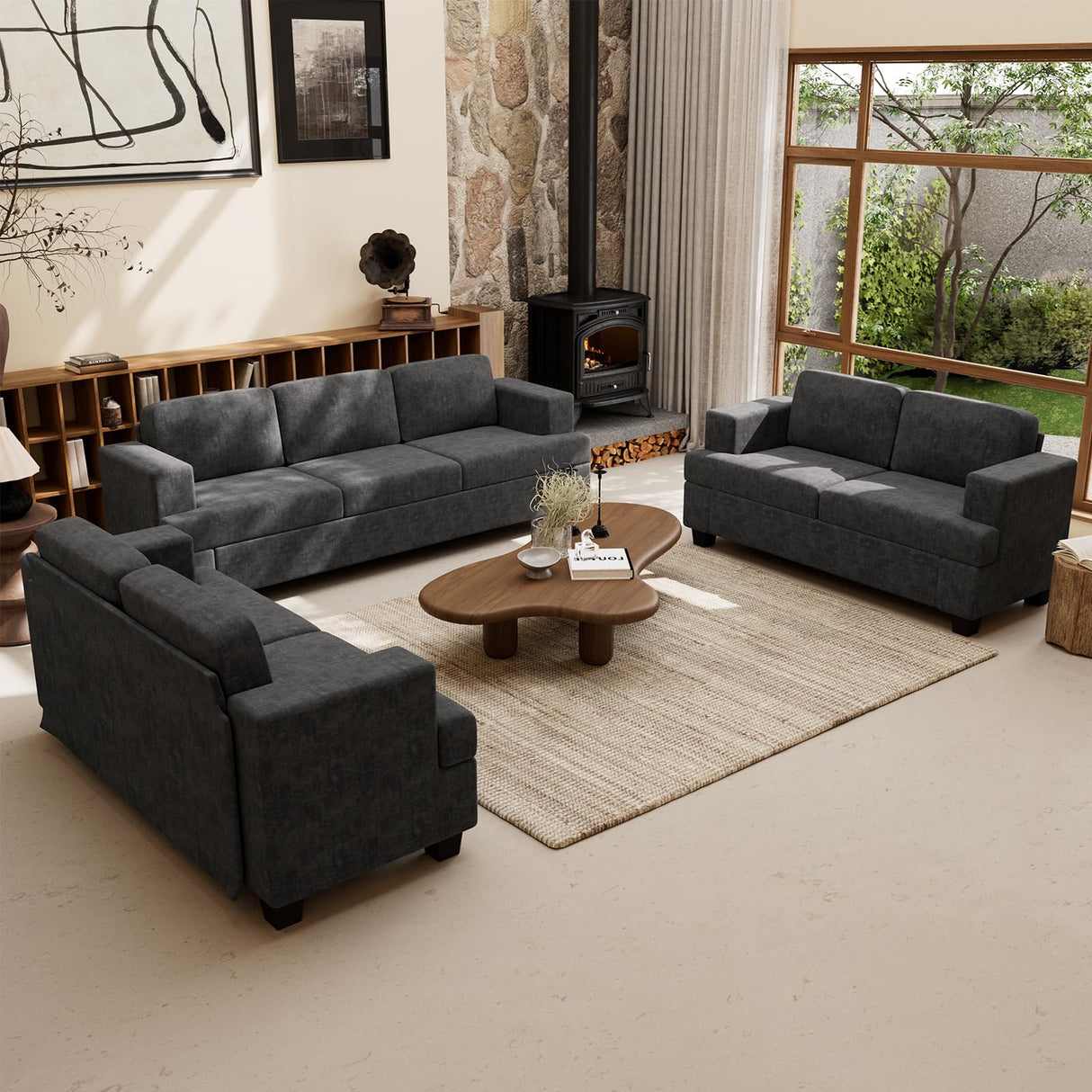 Fiona's magic 5 Seats Sofa Couch Set, 2 Piece Set Comfy Sofa Couch, 3 Seater & Loveseat Sofa with Deep Seats, Couch for Living Room, Modern Sleeper Couch, Black Chenille Fiona's magic