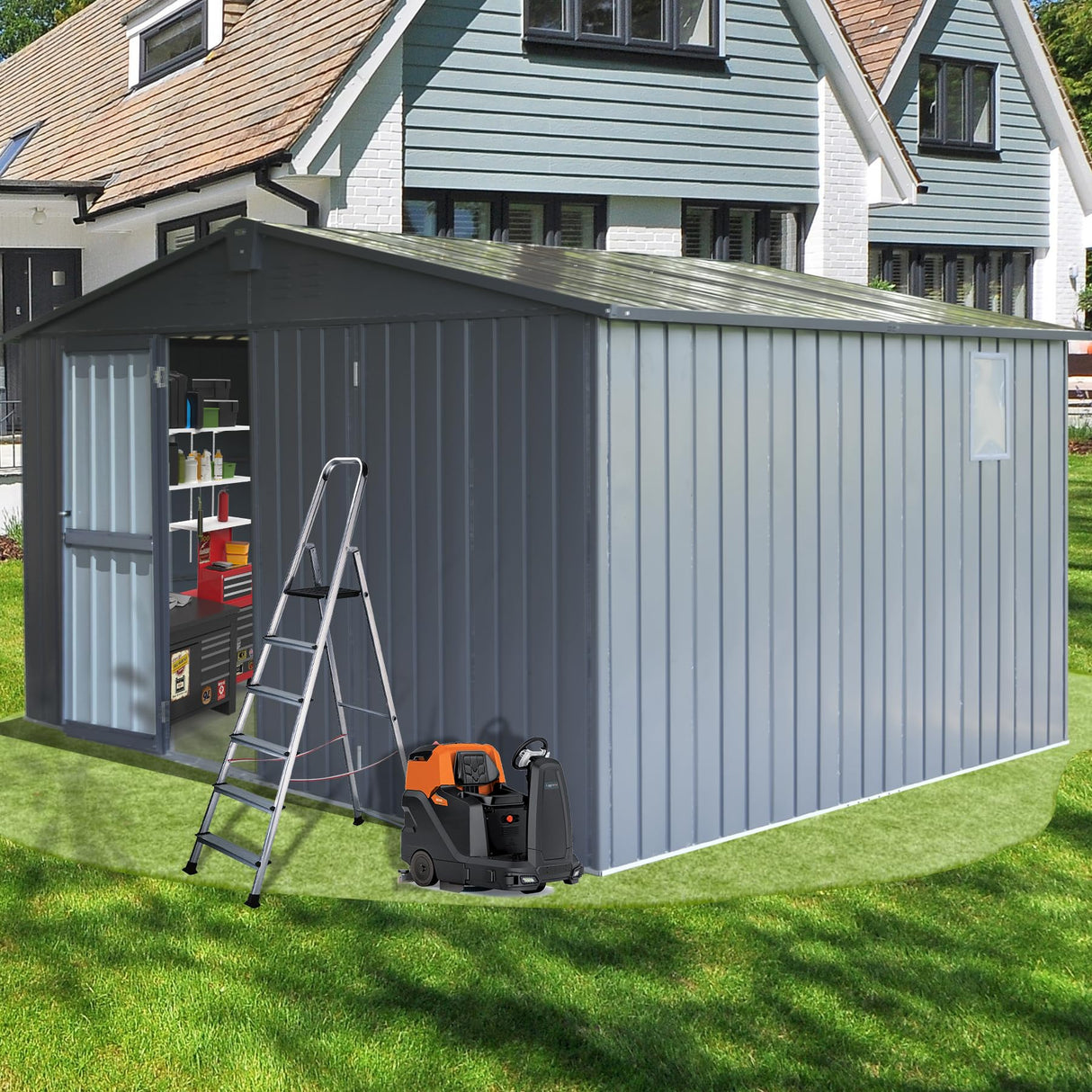 Domi Outdoor Storage Shed 11’ x 9’, Metal Sheds with Galvanized Steel Frame & Windows & Lockable Door, Garden Shed Tool Storage Room for Patio(Dark Gray) domi outdoor living