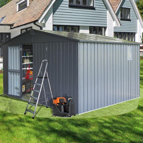 Domi Outdoor Storage Shed 11’ x 9’, Metal Sheds with Galvanized Steel Frame & Windows & Lockable Door, Garden Shed Tool Storage Room for Patio(Dark Gray) domi outdoor living