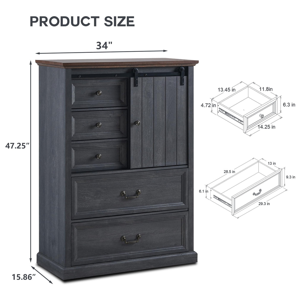 IFGET Farmhouse 5 Drawers Dresser for Bedroom, 47" Tall Chest of Drawers w/Sliding Barn Door, Rustic Wood Dressers Organizer w/Adjustable Shelves for Bedroom, Hallway, Living Room, Kitchen, Dark Grey IFGET