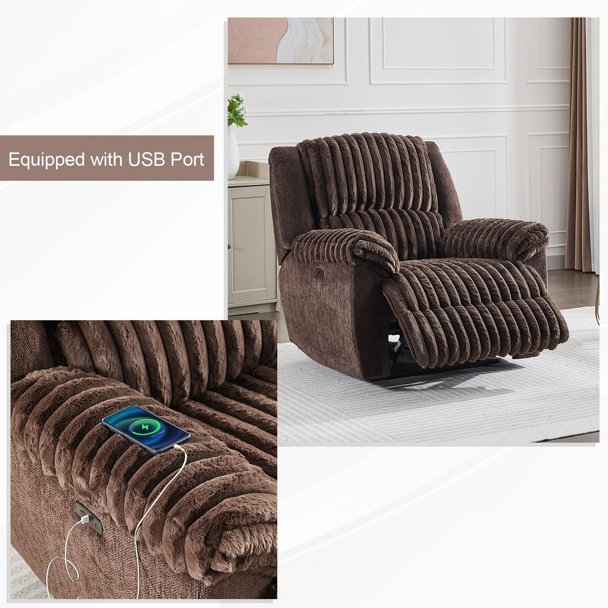 Oversized Power Recliner Chair, Extra Large Recliner Chairs for Adults, Faux Fur Electric Recliner for Living Room, Includes USB Port,Lumbar Support, 26" Seat Width,Brown TODRANI