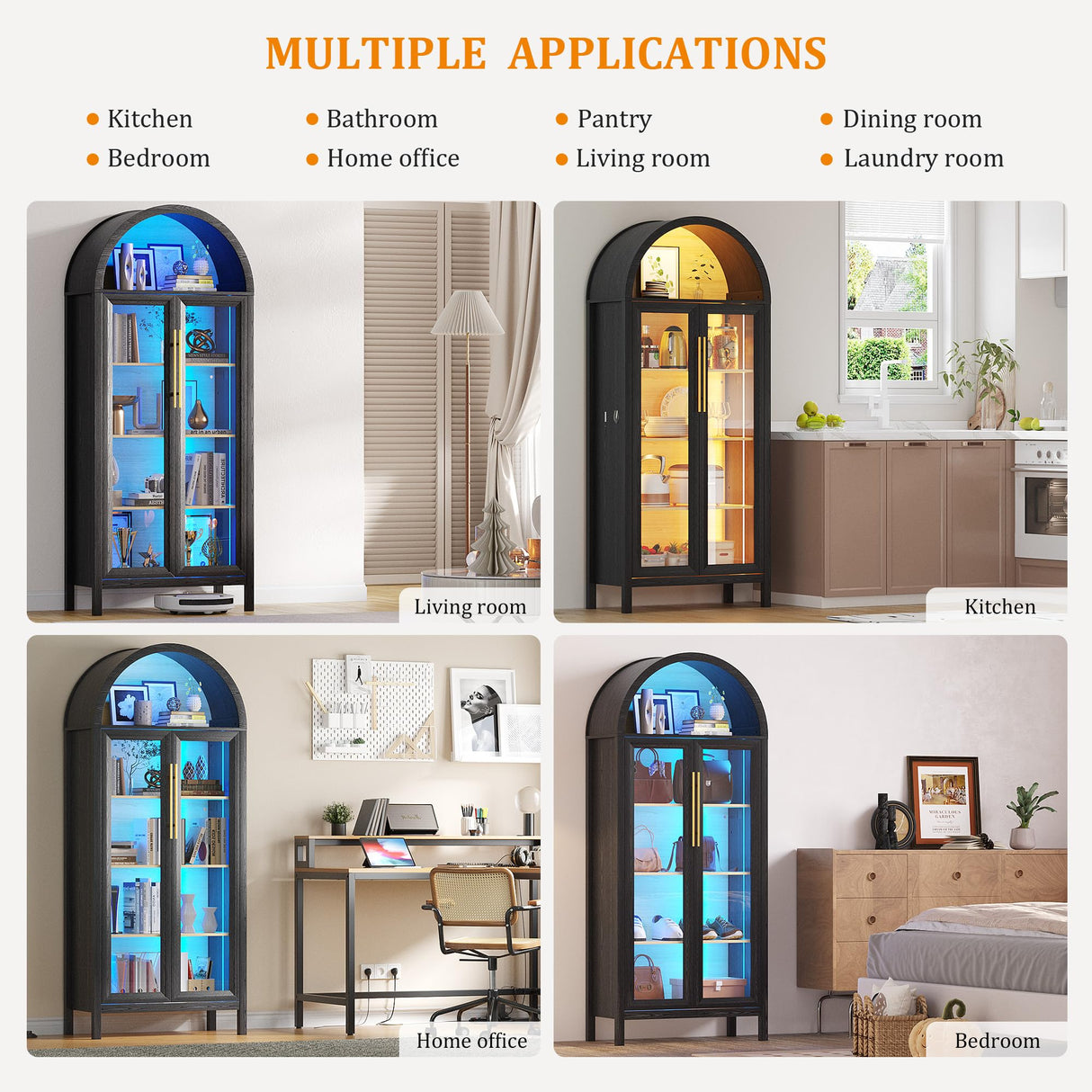 HWB Arched Curio Display Cabinet with Glass Doors, 5-Tier Glass Display Storage Pantry Cabinet with 3 Color LED Lights, Human Sensor, Black HWB