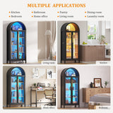 HWB Arched Curio Display Cabinet with Glass Doors, 5-Tier Glass Display Storage Pantry Cabinet with 3 Color LED Lights, Human Sensor, Black HWB