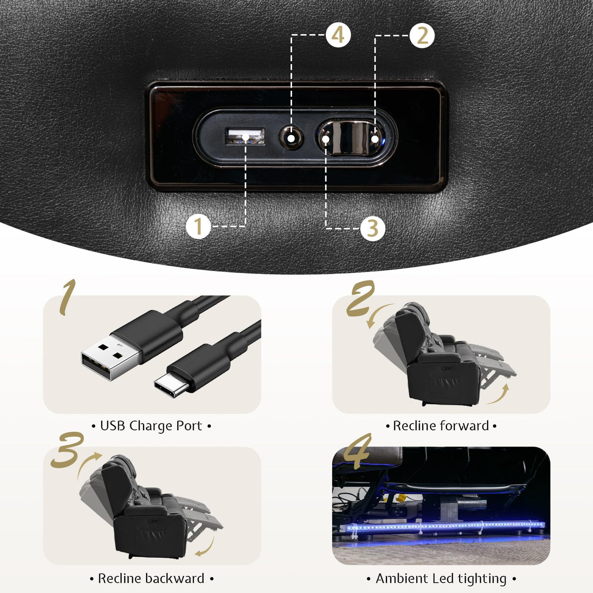 SAMERY Power Loveseat Recliner Sofa with Adjustable Split Back, Multi-Port Charger, Flip-Up Backrest & LED Lighting - Home Theater Seating with Storage, Cup Holders, Black Faux Leather Loveseat SAMERY