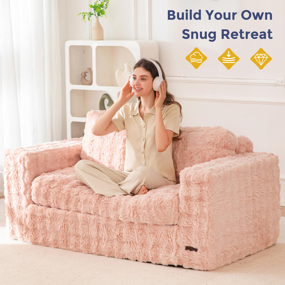MAXYOYO Loveseat Sofa for Living Room, Small Sofa Couch Tufted Boneless Couch, Comfy Bean Bag Chair for Small Space Bedroom Apartment, No Assembly Needed, Pink MAXYOYO
