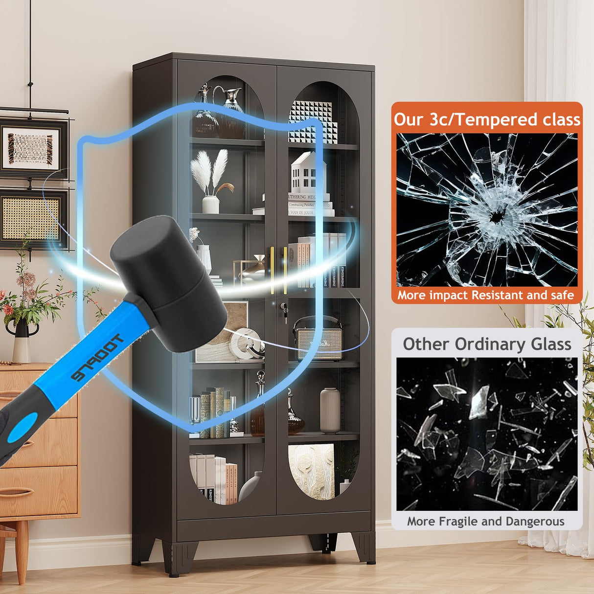 GAIOUS 74.8" Tall Metal Curio Cabinet, Display Cabinet with Glass Door, 6 Tier Liquor with 5 Adjustable Shelves, Locking Glass Display Case for Collectibles, Showcase Storage Cabinets, Black GAIOUS