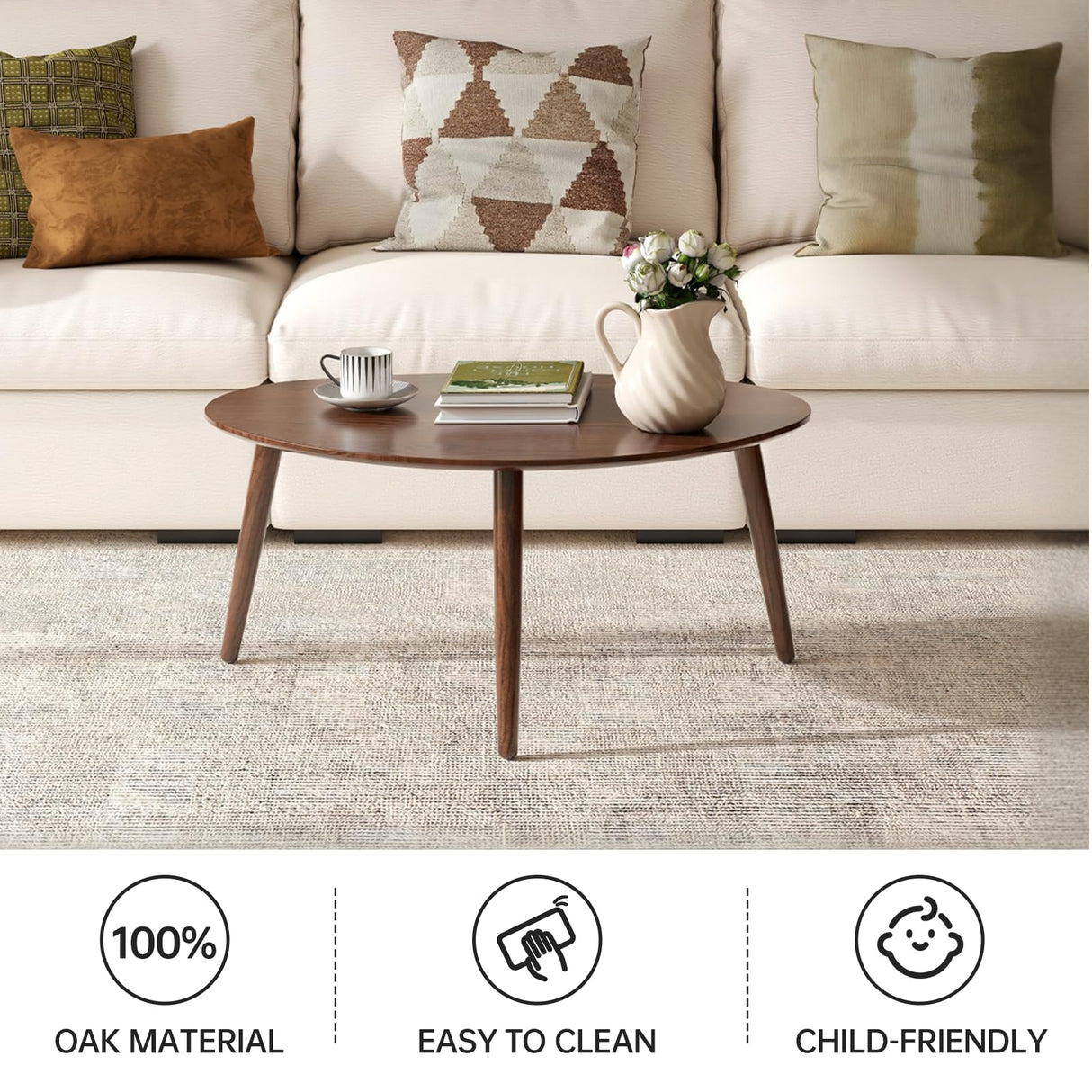 Wayshome Small Oval Coffee Table, Mid Century Modern Coffee Table for Living Room, 100% Solid Oak Wood Side Table End Tables for Home (Walnut Wood Color, 33.46''x22.83''x15.74'') Wayshome