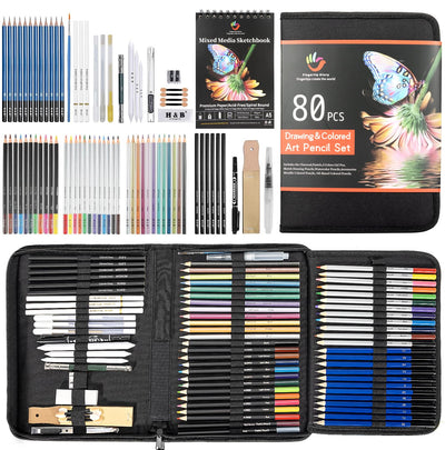 H & B 80-Pack Colored Sketching Art Pencil Set with 3-Color Sketchbook and Coloring Book - Includes Graphite, Watercolor, Metallic, and Oil-Based Colored Pencils