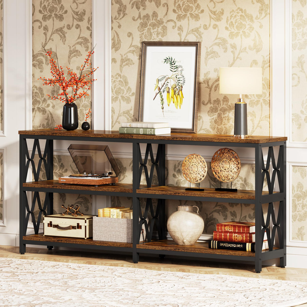 Tribesigns 70.9" Long Console Table with Storage Shelves, Industrial 3-Tier Sofa Table for Living Room, Foyer Table Entryway Table for Hallway, Front Door, Entrance, Rustic Brown & Black Tribesigns