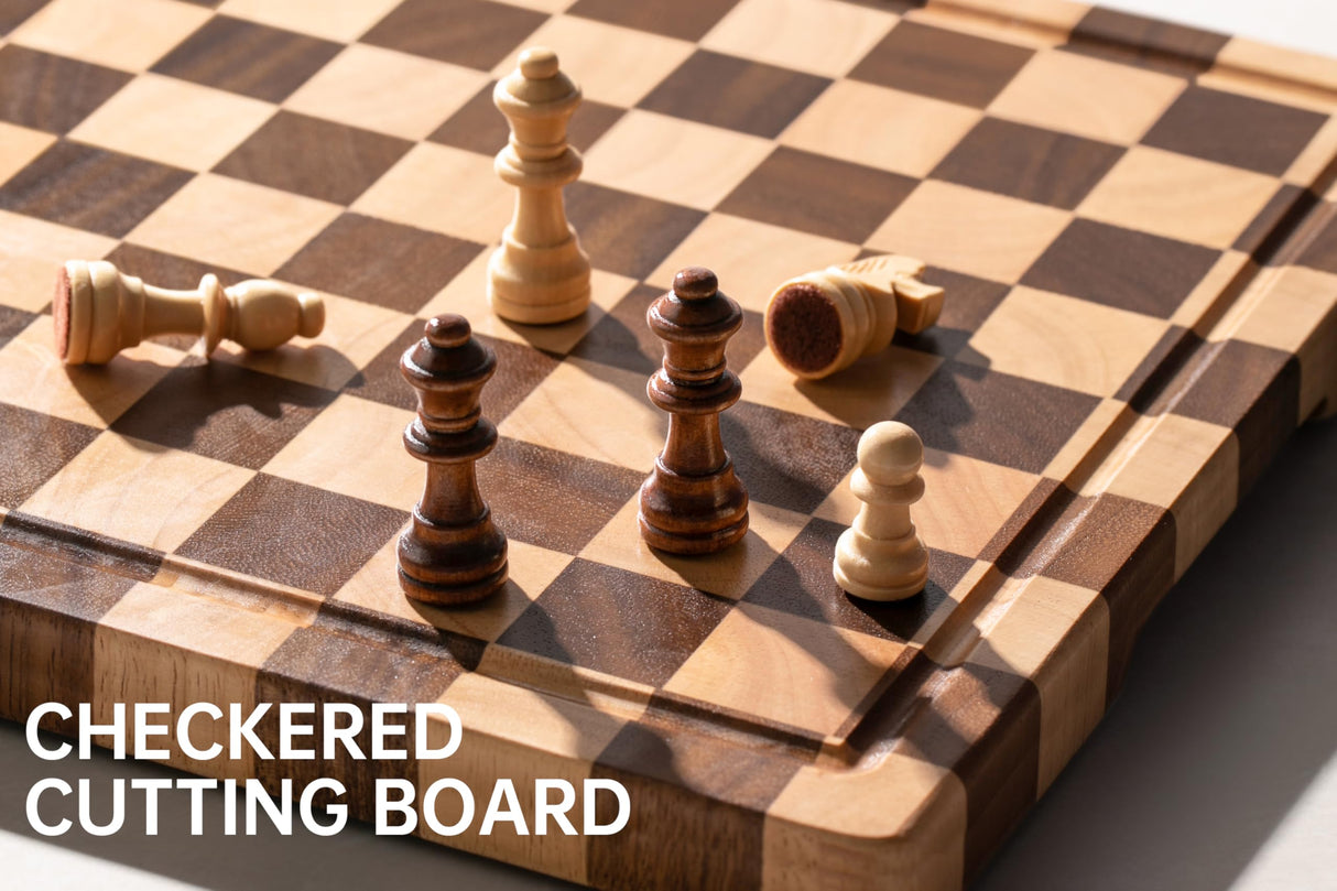 THETCHRY Large Wood Cutting Boards for Kitchen - Design in USA Checkered Cutting Board, Butcher Block Acaia Wood Cutting Board for Kitchen with Juice Grooves & Built in Handles, 17"L x 12"W x 0.8"Th thetchry