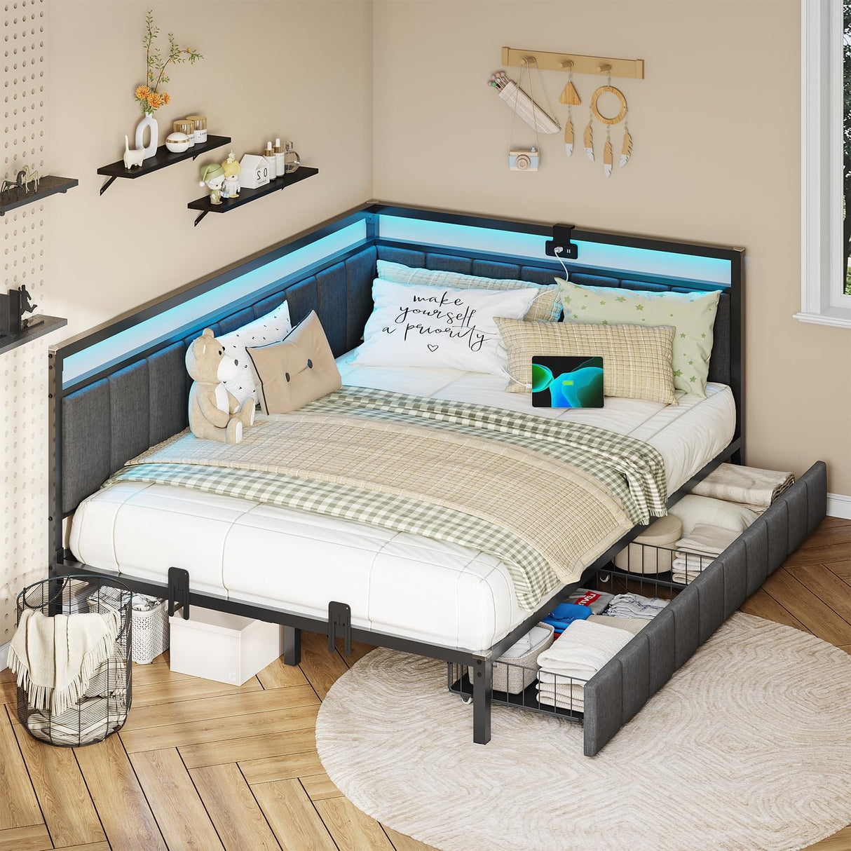 DICTAC Corner Full Bed Frame with 2 Storage Drawers and Charging Station Full Size Platform Bed Frame with Led Lights and Upholstered Guardrail Daybed for Living Room, Bedroom and Guest Room, Gray DICTAC