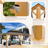 YOLENY 14' x 20' Hardtop Gazebo Faux Wood Grain Metal Gazebo with Aluminum Frame, Galvanized Steel Double Roof, Outdoor Patio Gazebo Pergolas with Netting and Curtains for Backyard, Patio, Lawns YOLENY
