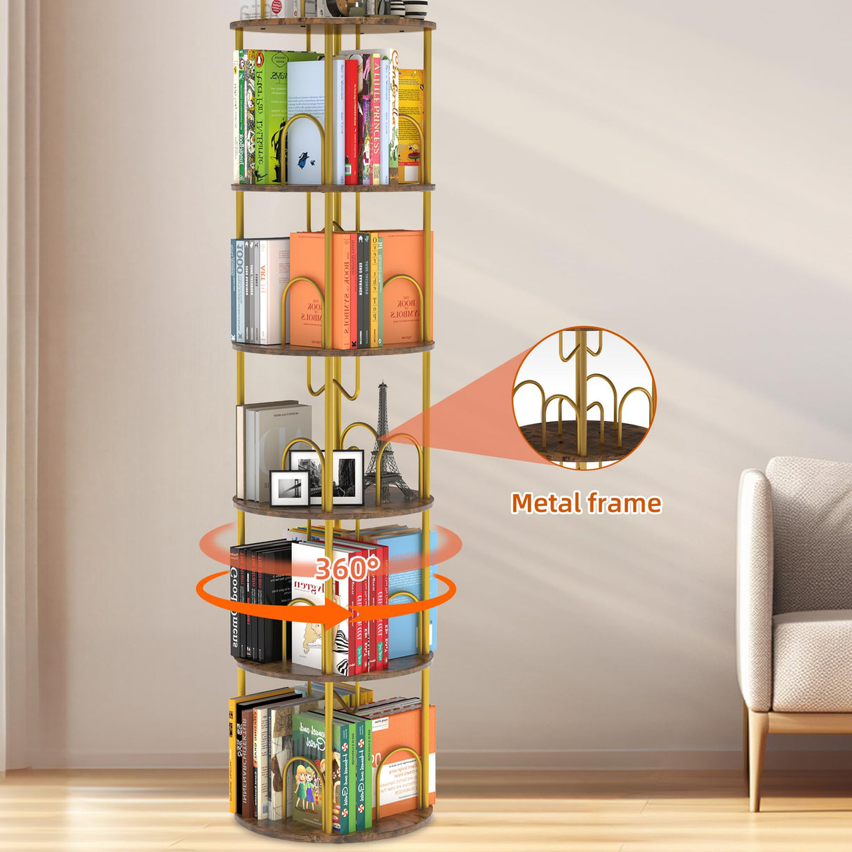 Merkisa 5 Tier Rotating Bookshelf, 360° Spinning Bookshelf Tower, Narrow Corner Book Shelf, Revolving Bookcase Corner Tall Book Shelf for Small Spaces, Bedroom, Living Room, Gold Merkisa